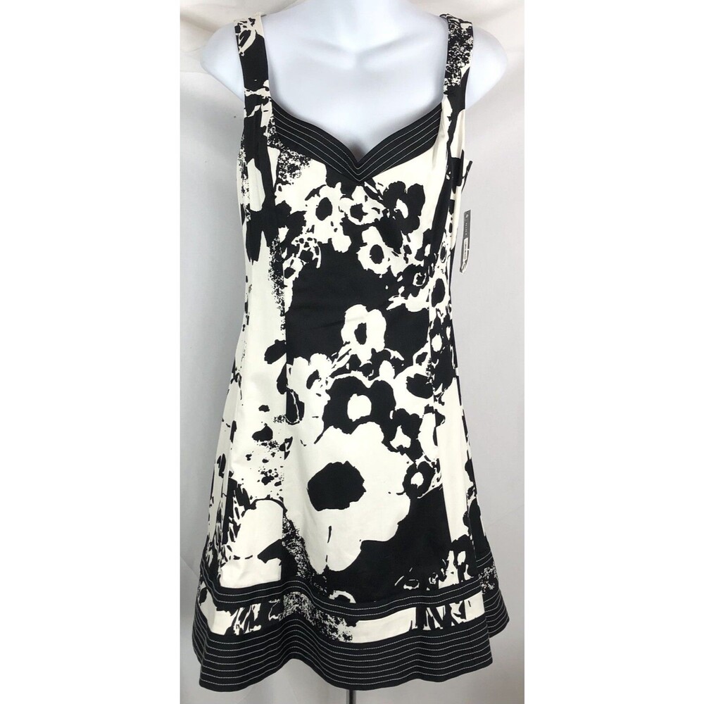 NWT Nine West Sleeveless Dress 14P Blk Ivory Geo Sweetheart Sheath V-neck artsy